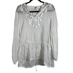 Free People Drop Waist Tie Semi Sheer White Blouse Top Size Medium Embellished